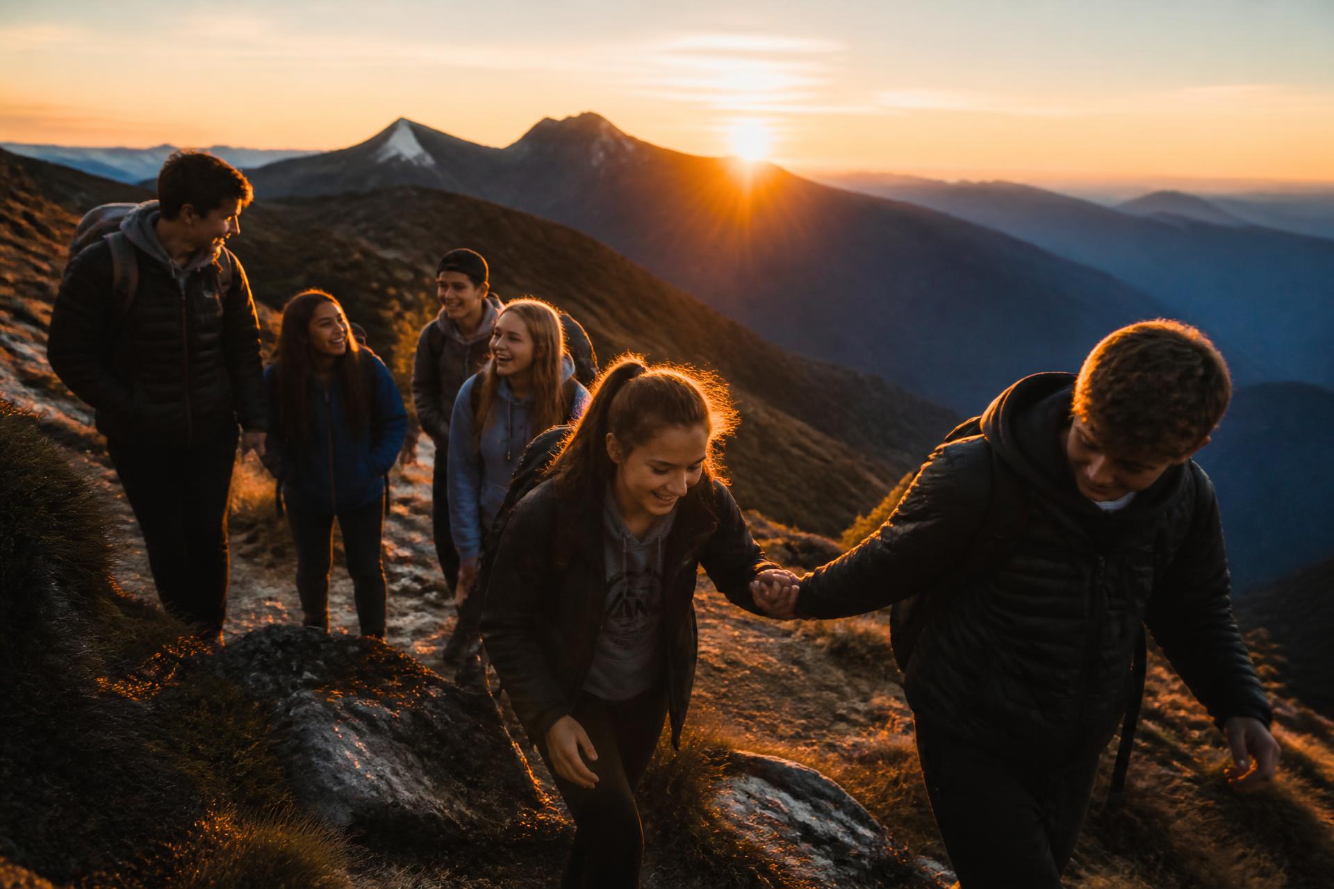 Gruppo di adolescenti in cammino su un sentiero di montagna alla luce dell'alba